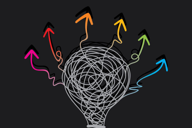 Cartoon lightbulb with colourful arrows coming out of it.